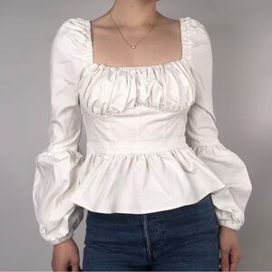 Autumn‎ Adeigbo Catira Long Puffed Sleeve Pleated Peplum Blouse White Size 4